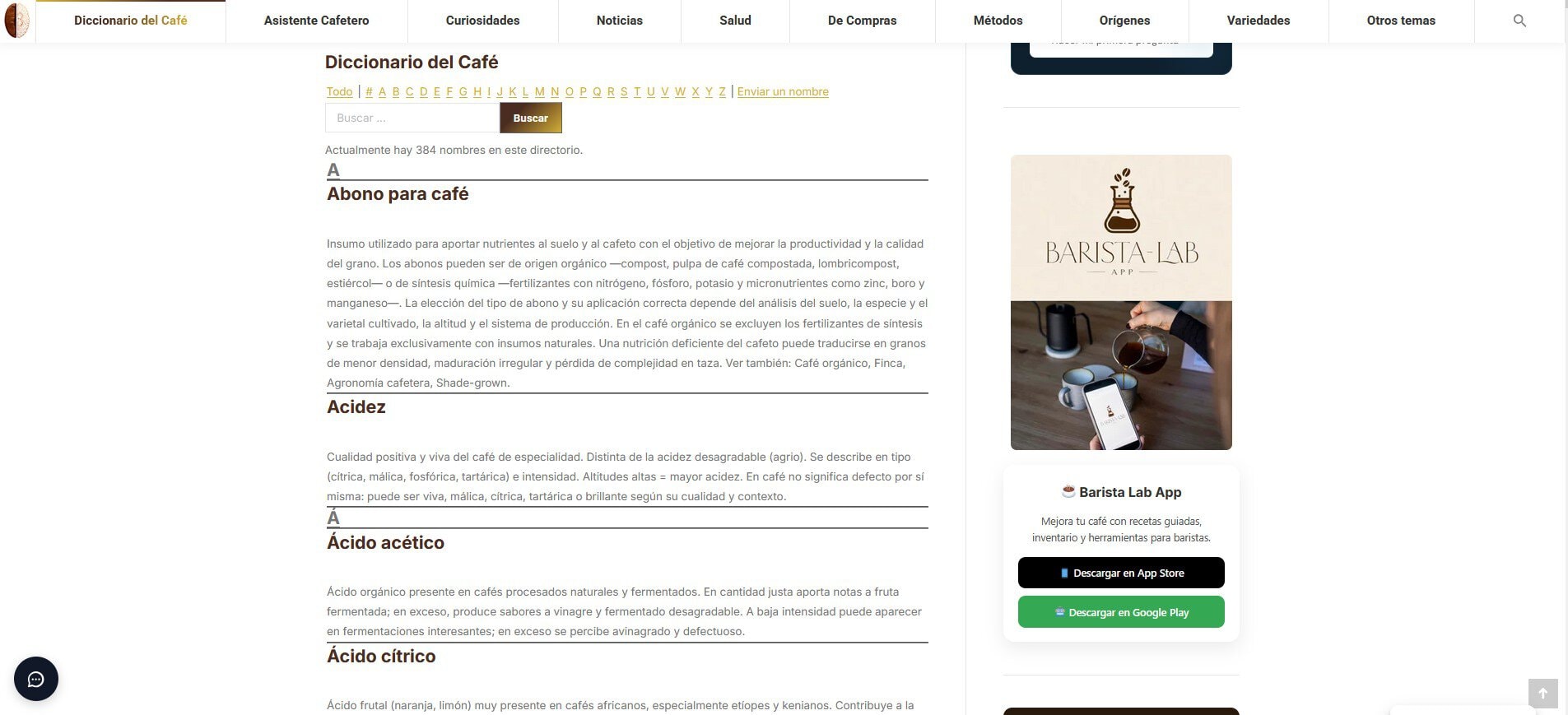 Barista Lab App advertisement showing the logo and a person pouring coffee into a mug beside a smartphone on a wooden table.