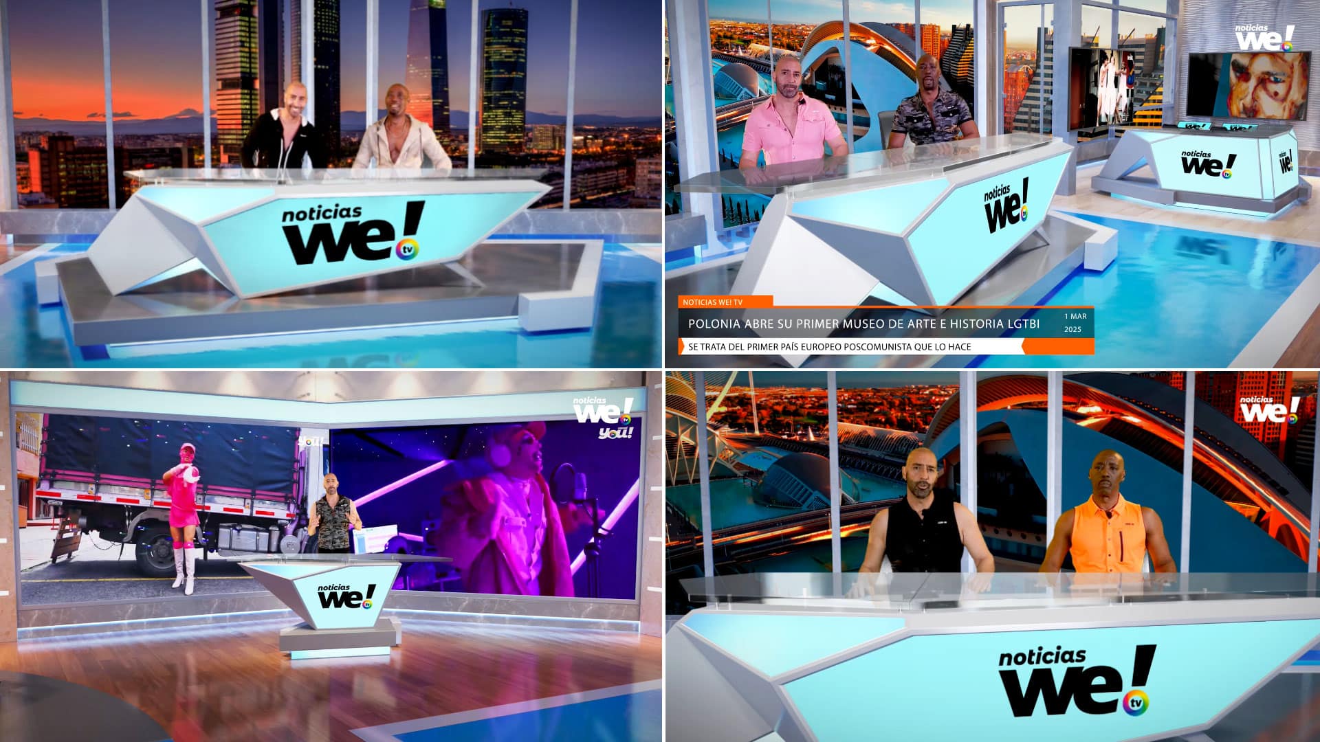 News studio with two anchors at a futuristic glass desk, city skyline backdrop and 'noticias we!' logo on the desk panel.