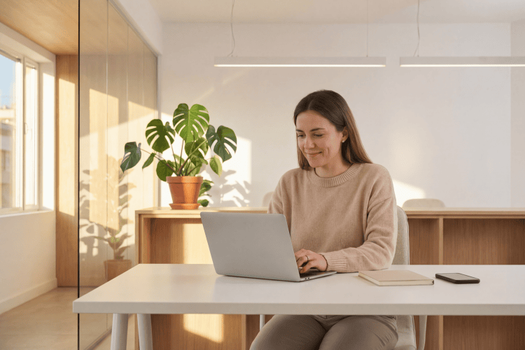 Woman typing on a laptop at a white desk in a bright office with a potted plant nearby