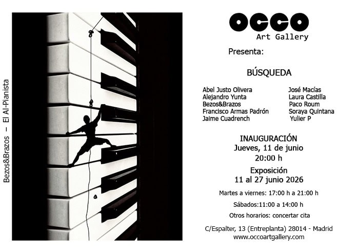 Poster for OCÓ Art Gallery exhibition 'Búsqueda' featuring a black-and-white piano keyboard with a climber silhouette on the left; right side lists the gallery name, artists, inauguration date and hours, and exhibition dates in Madrid.