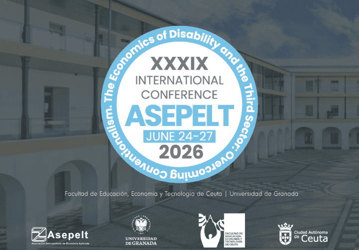 Circular conference badge reading XXXIX International Conference ASEPEL(T?) June 24–27, 2026, with the outer slogan about disability economics; backdrop of a university courtyard.