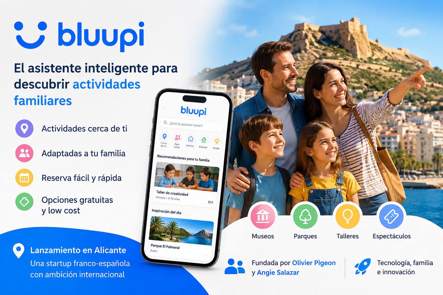 Publicidad de Bluupi: una familia mirando al horizonte junto a un teléfono con la app; lista de beneficios a la izquierda y iconos de museos, parques, talleres y espectáculos coloridos en la parte inferior.