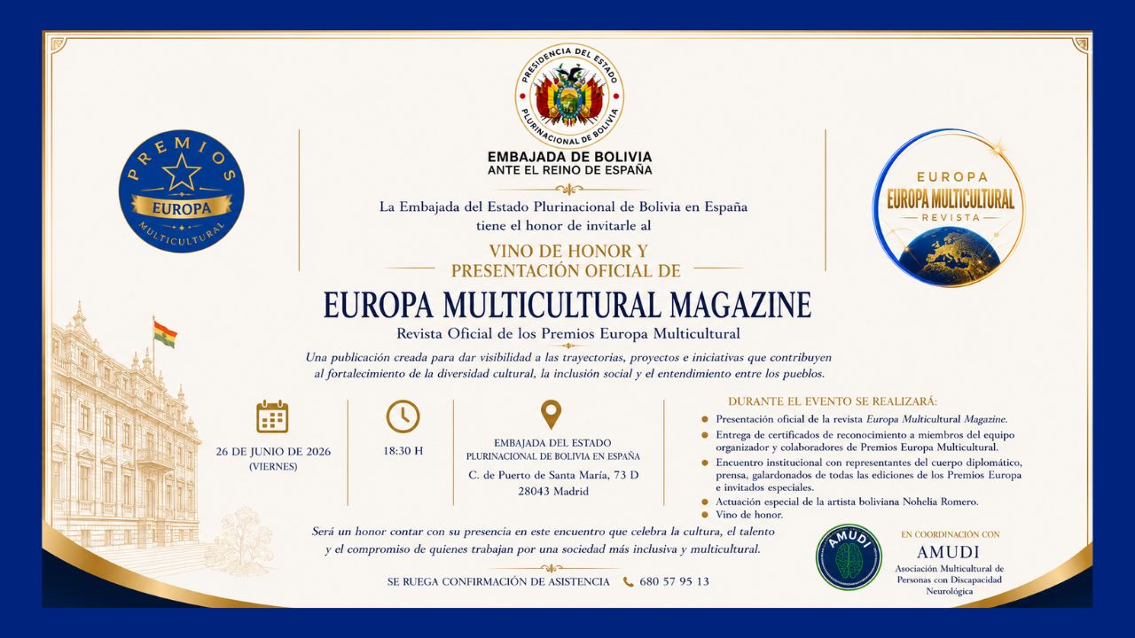 Official event invitation poster for Europa Multicultural Magazine launch with emblems, Spanish text, and event details in Spanish.