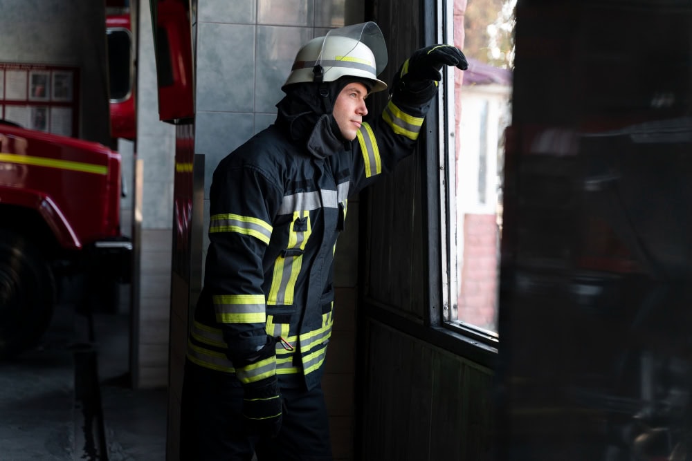Firefighter in turnout gear leaning at a doorway, looking out a window from inside a fire station bay.