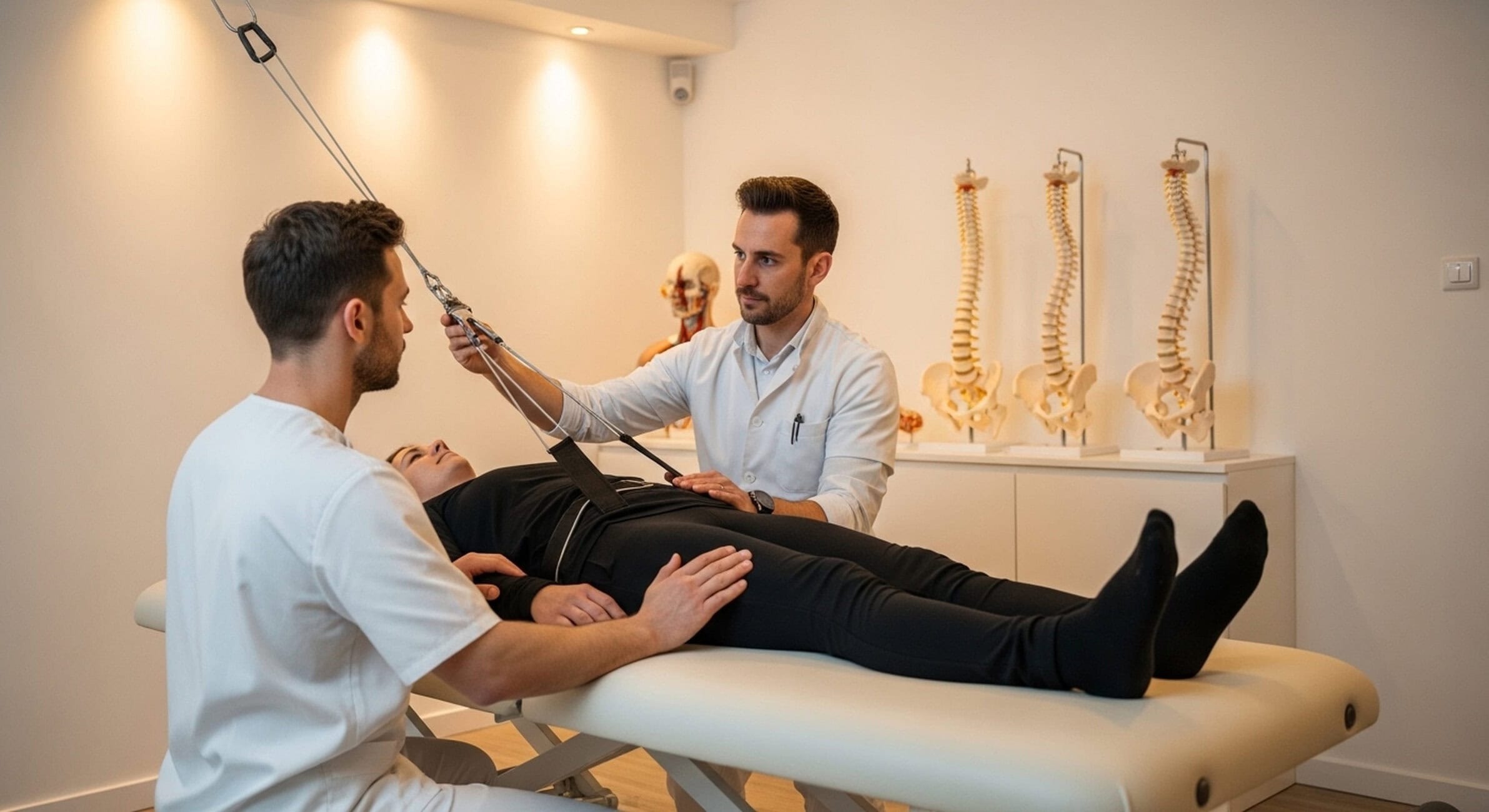 Two healthcare professionals perform a spinal traction treatment on a patient lying on an examination table, with spine models in the background.