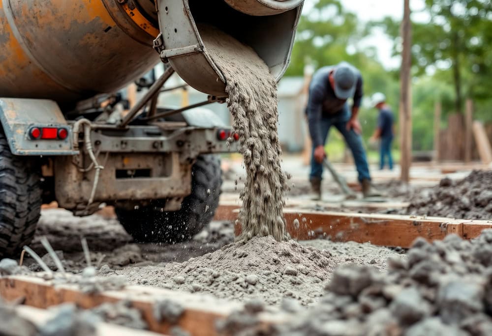 Concrete pours from a mixer into wooden formwork at a construction site, workers visible in the background.