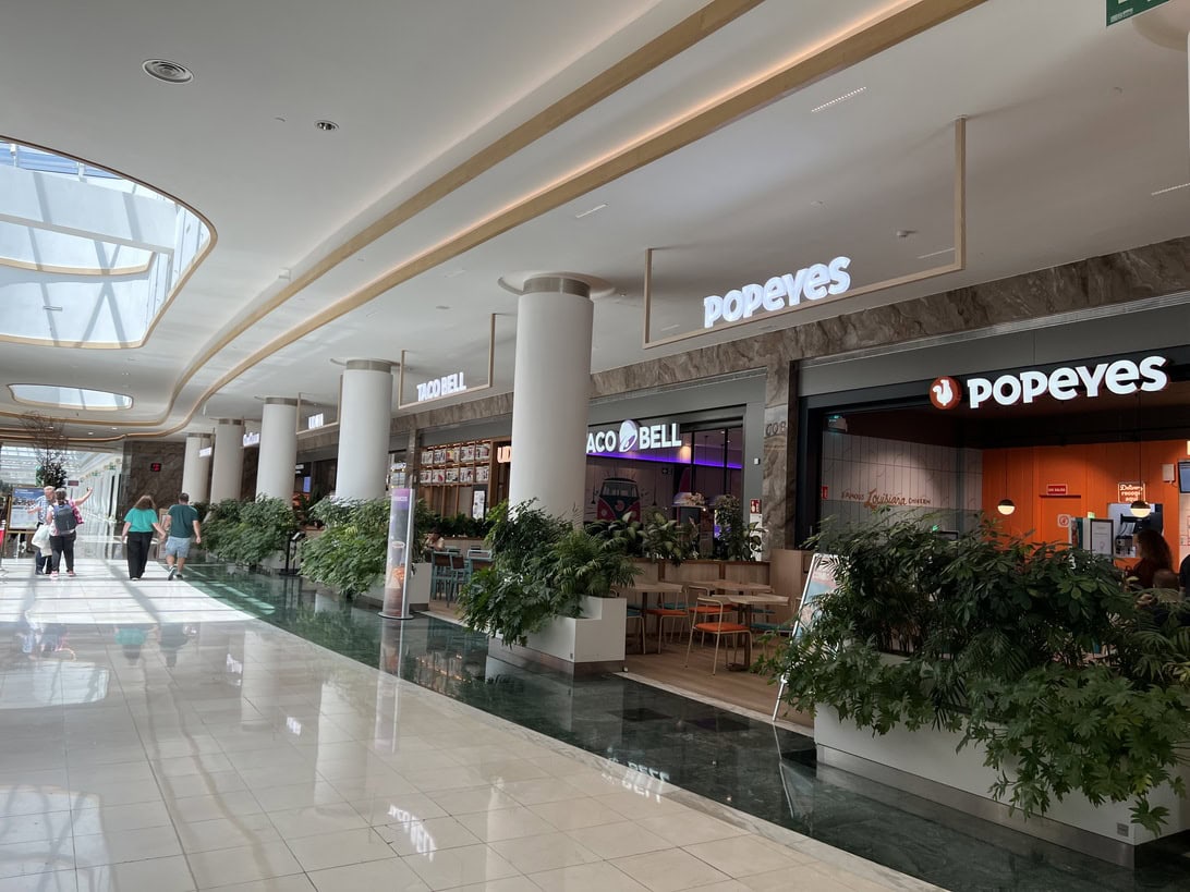Bright mall corridor with Popeyes restaurant on the right, outdoor seating, and large potted plants along a glass skylight ceiling.