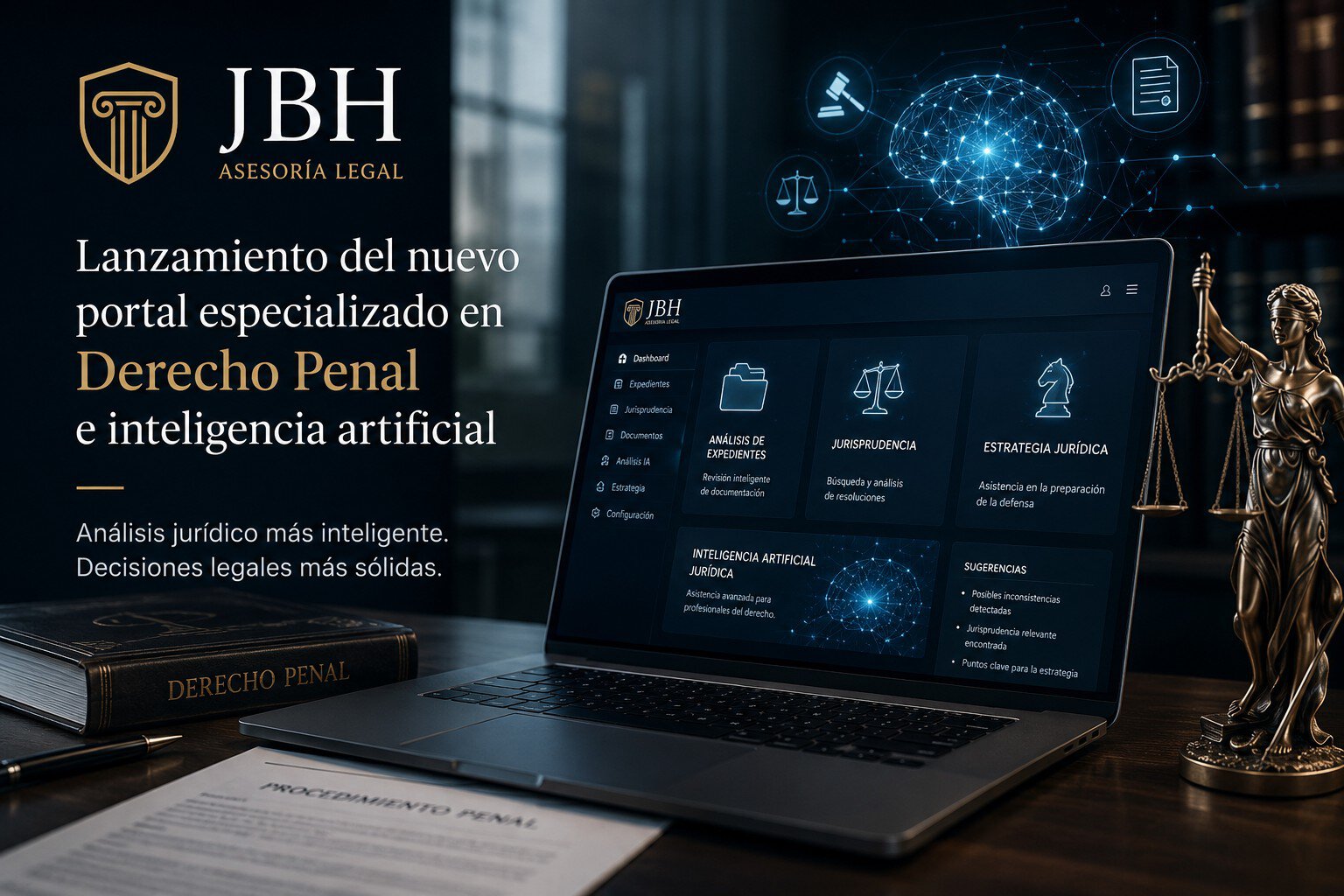 JBH legal promo: new portal for criminal law and artificial intelligence, with laptop dashboard and Lady Justice statue on desk, 'Derecho Penal' book nearby.