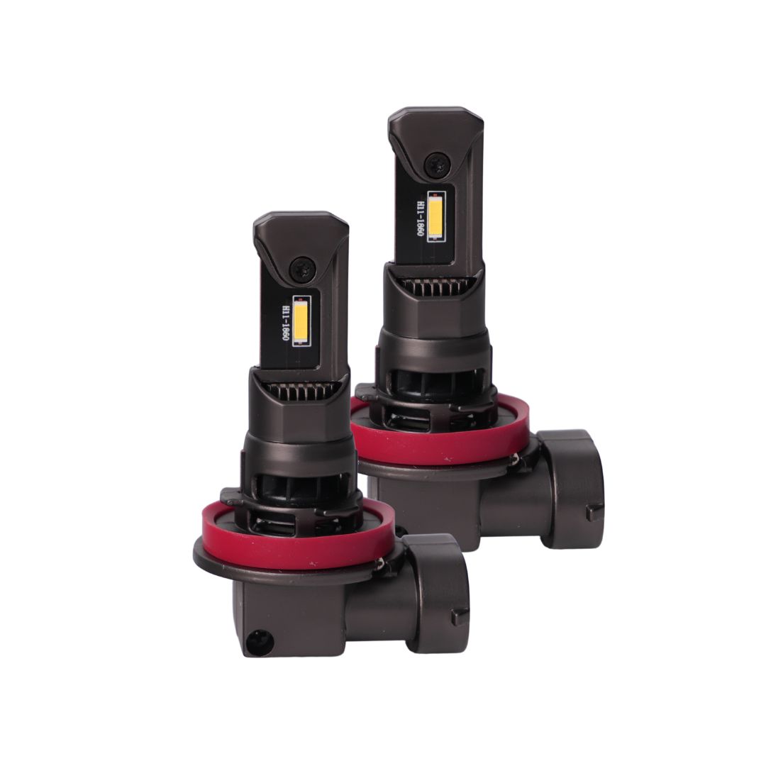 Pair of automotive LED headlight bulbs with red sealing rings and black bases for car headlights (dual kit).