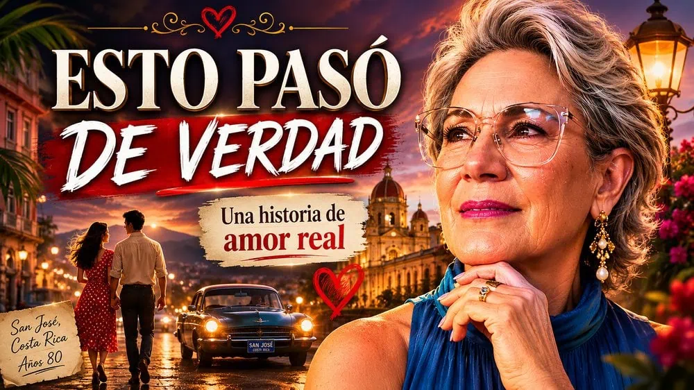 Poster for Esto pasó de verdad: an elegant older woman with glasses in the foreground, a sunset-lit street in Costa Rica with a couple walking toward a vintage car, and a subtitle about a real love story.