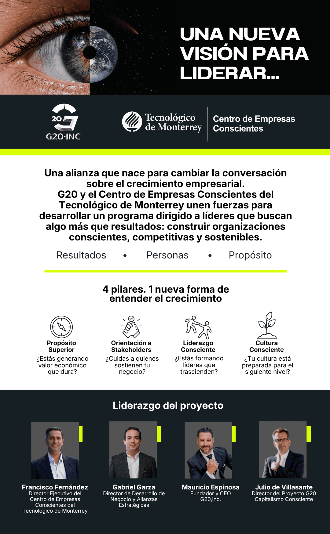 Encabezado en español: 'Una nueva visión para liderar...' con ojo y Tierra, logos de G20 INC y Tecnológico de Monterrey.