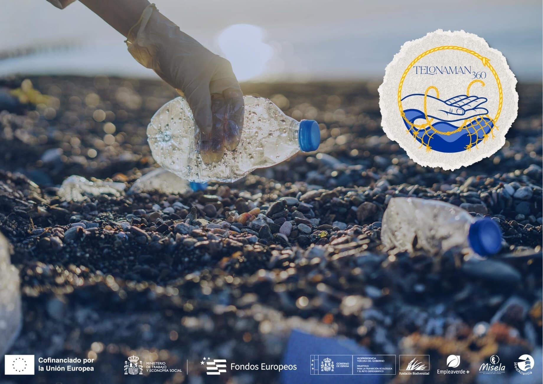 Gloved hand picking up a plastic bottle from a littered rocky beach with sponsor logos along the bottom edge of the image.