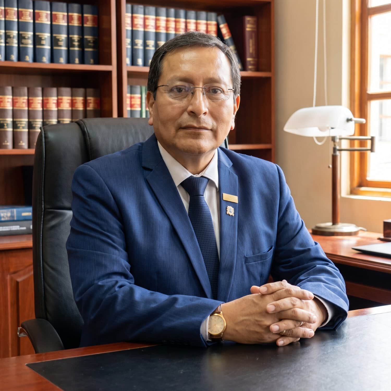 Man in a blue suit and tie sits at a desk in a wood-paneled office with law books on shelves behind him, hands folded.
