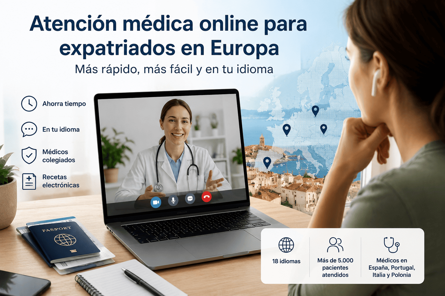 Mujer viendo una consulta médica en laptop con mapa mundial y puntos de ubicación; texto en izquierda destacando ventajas del servicio online en español.