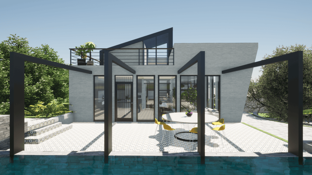 Modern backyard patio with a rectangular pool, round table and yellow chairs under a black pergola, glass doors to a house.