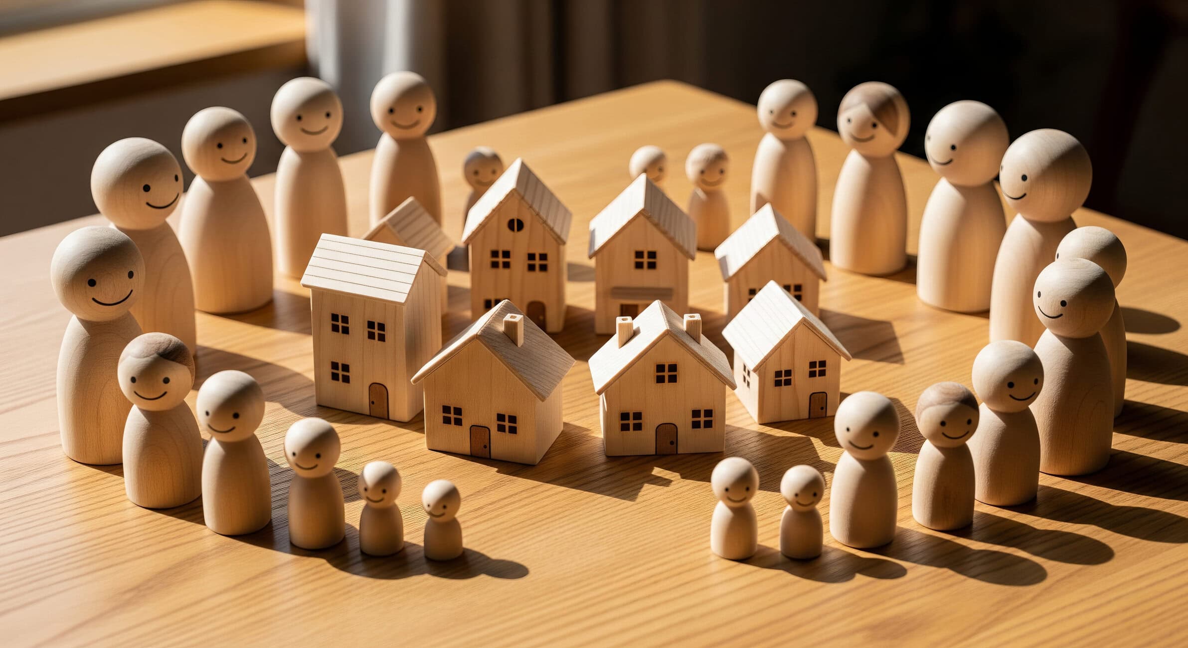 Wooden figurines form a circle around tiny wooden houses on a sunlit table, suggesting a community gathering.