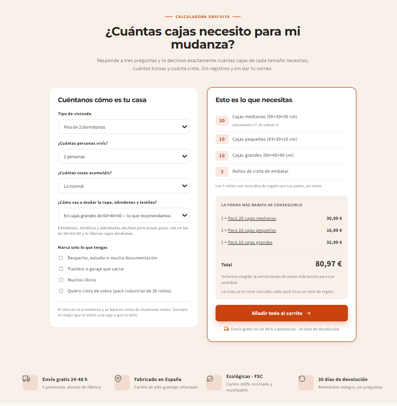 Una fábrica sevillana lanza una calculadora gratuita de cajas para mudanzas que también avisa de cuándo comprar menos
