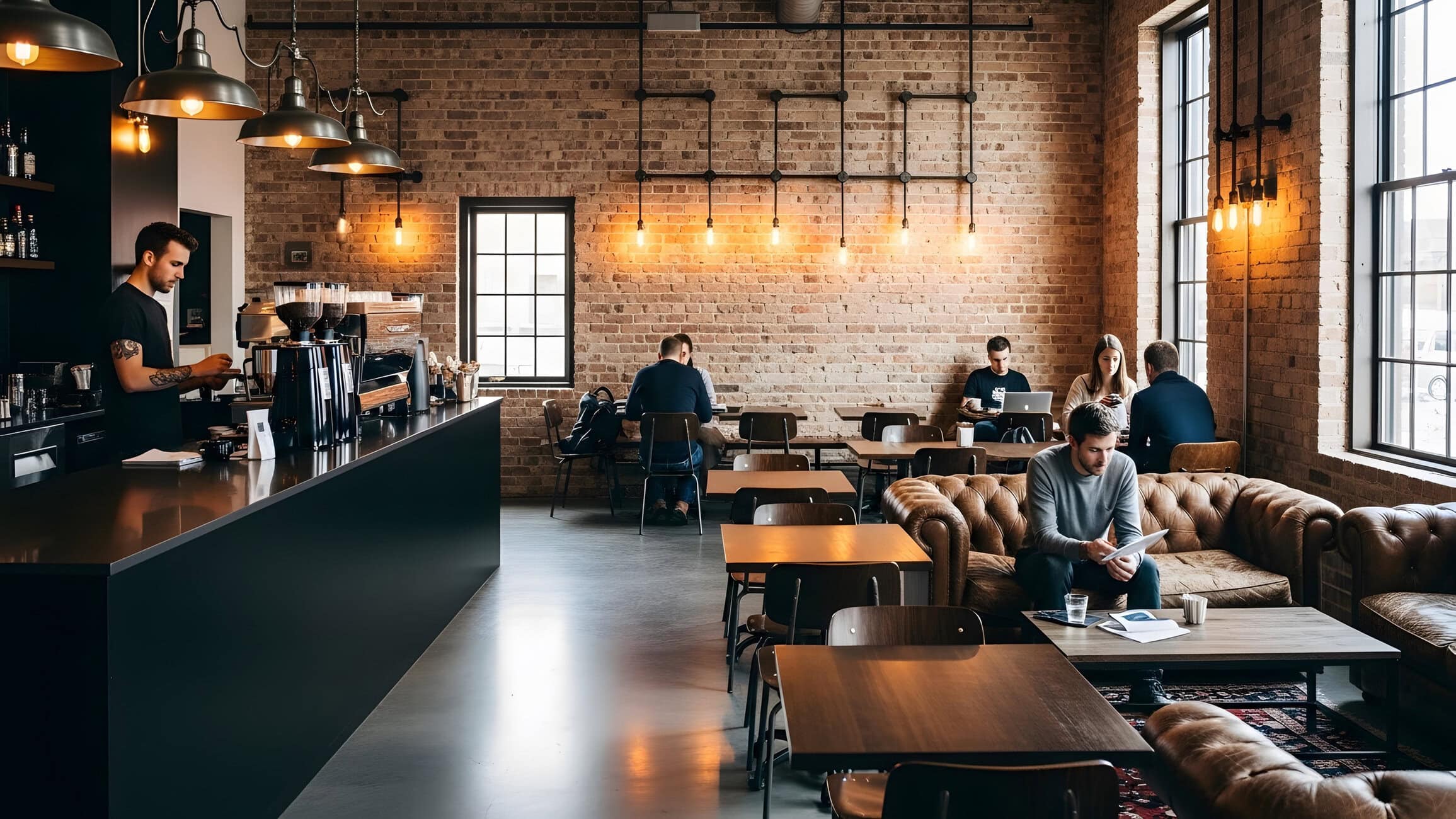 Industrial cafe interior with exposed brick walls, hanging pendant lights, and customers seated at wooden tables while a barista works behind the counter to the left.