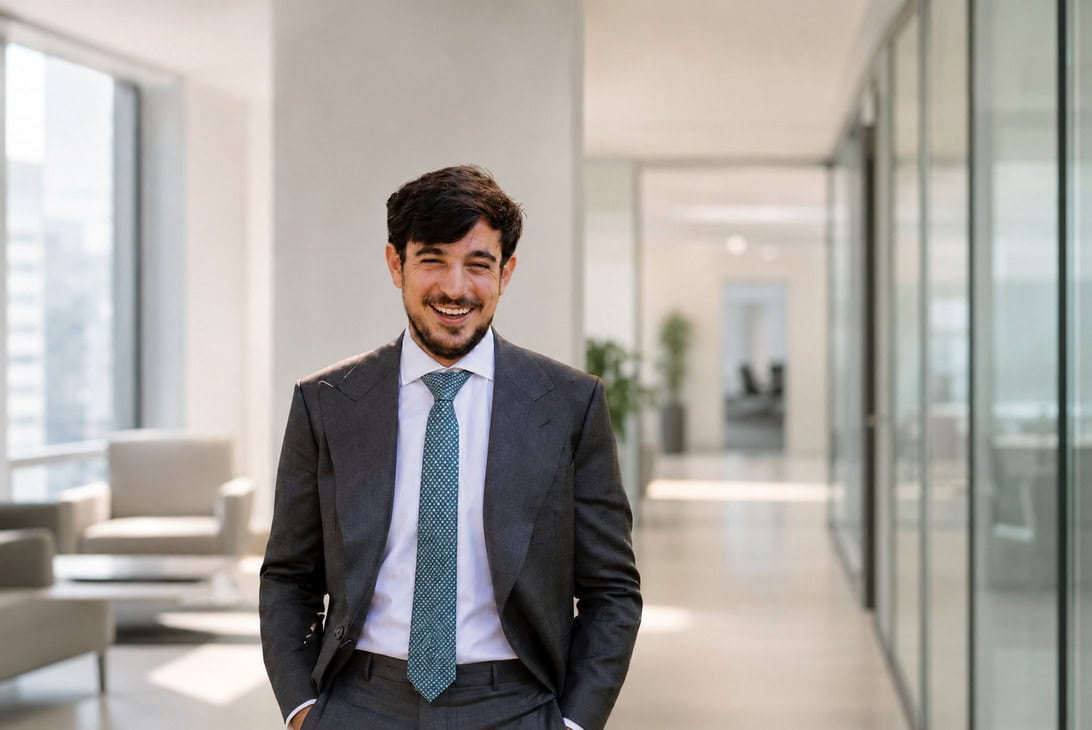 Smiling man in a dark suit and teal tie stands in a bright modern office hallway with glass walls and seating area nearby.