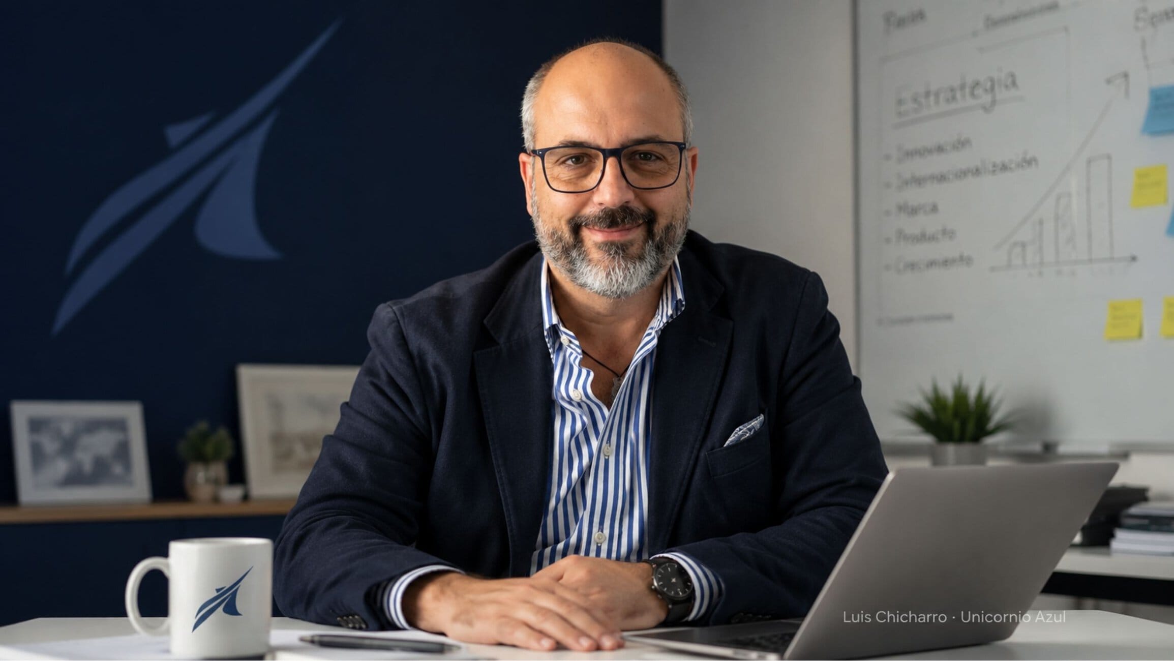Professional man with glasses in a navy blazer at a desk, laptop open, smiling at the camera in an office.