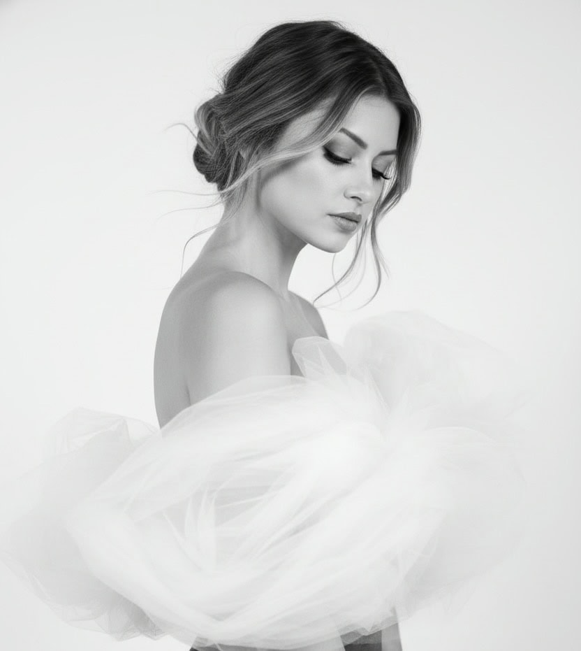 Portrait of a woman with an elegant updo, wrapped in airy white tulle, looking downward in a soft pose.
