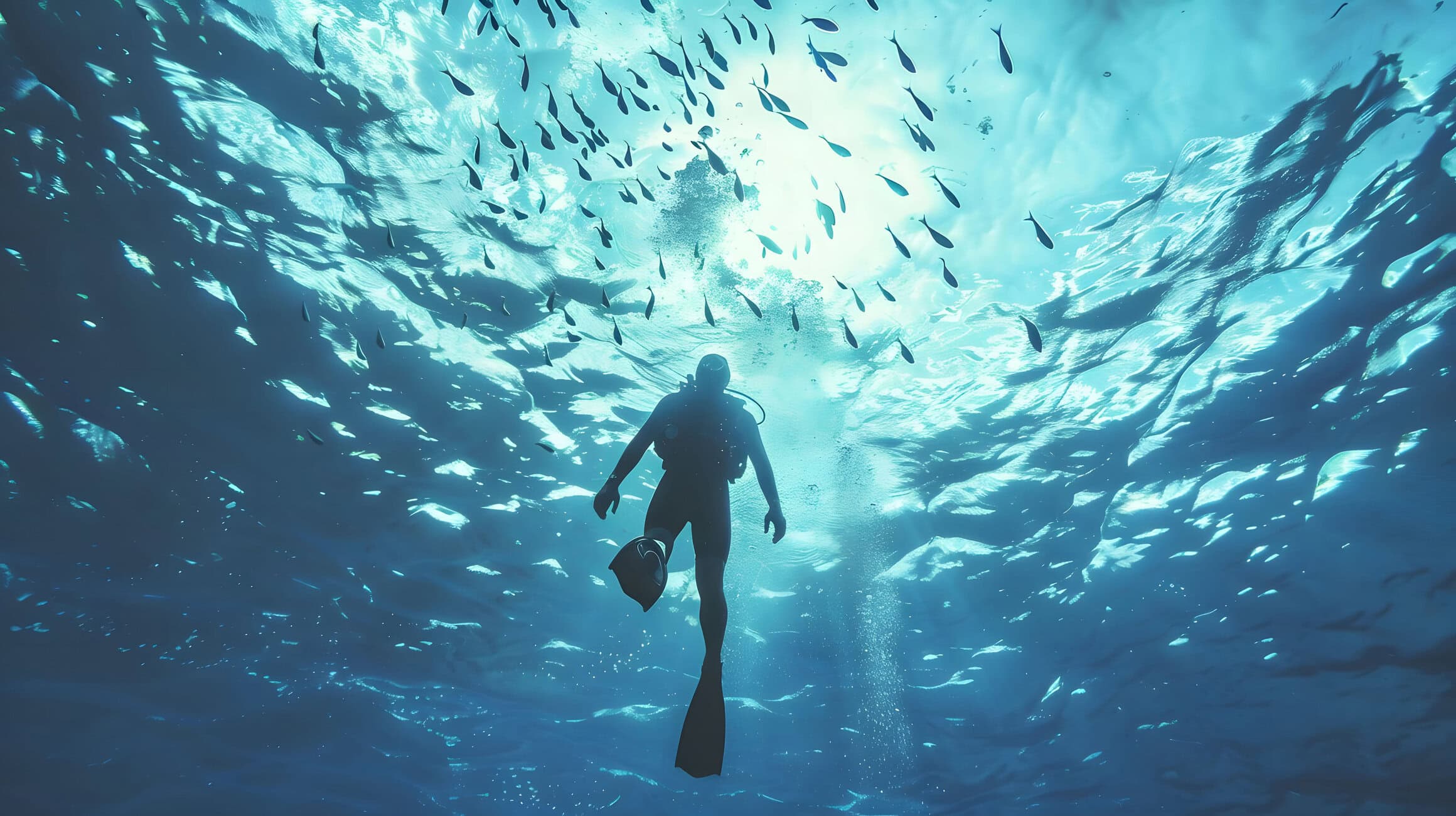 SCUBA diver swimming underwater, surrounded by a swarm of small fish in clear turquoise water.