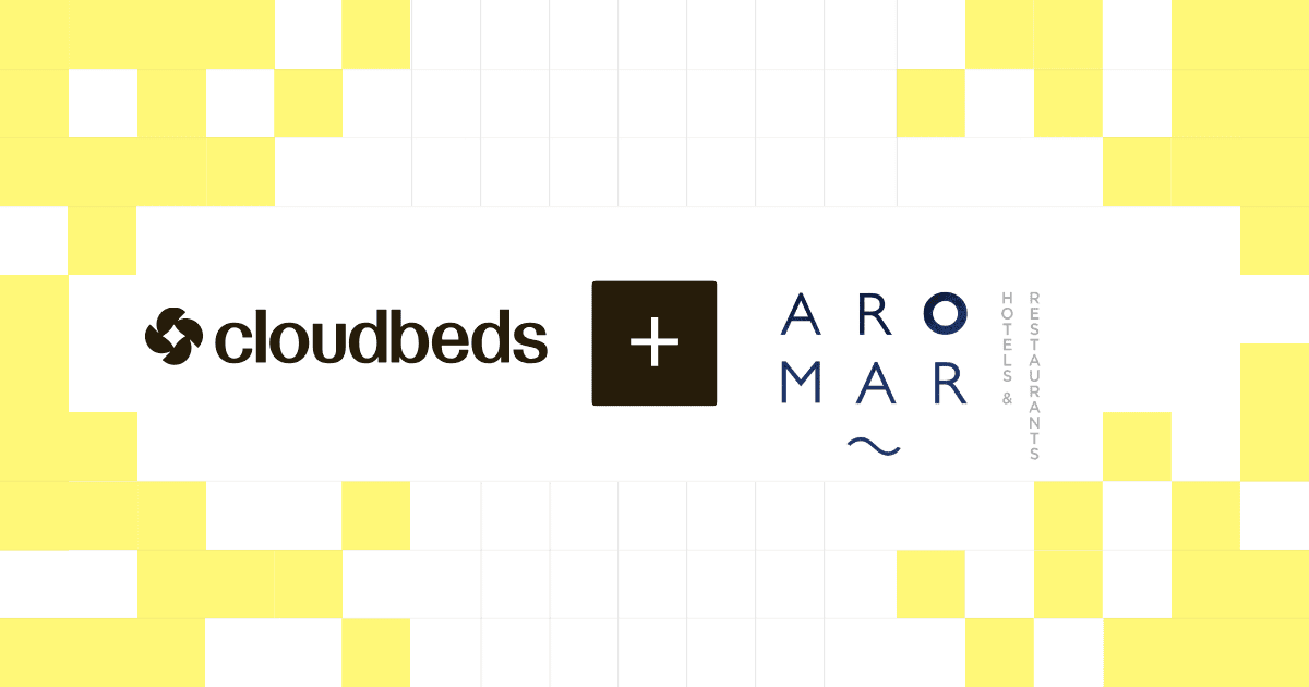 Cloudbeds logo with a brown square and plus sign, then Aromar Hotels & Restaurants logo on a white banner.