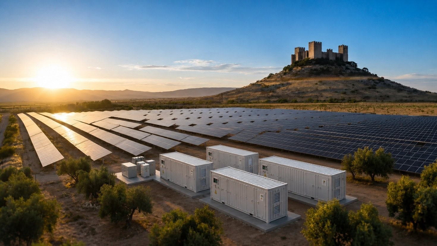Sunset over a solar farm with rows of panels and white container units in the foreground; a hilltop castle rises in the distance.