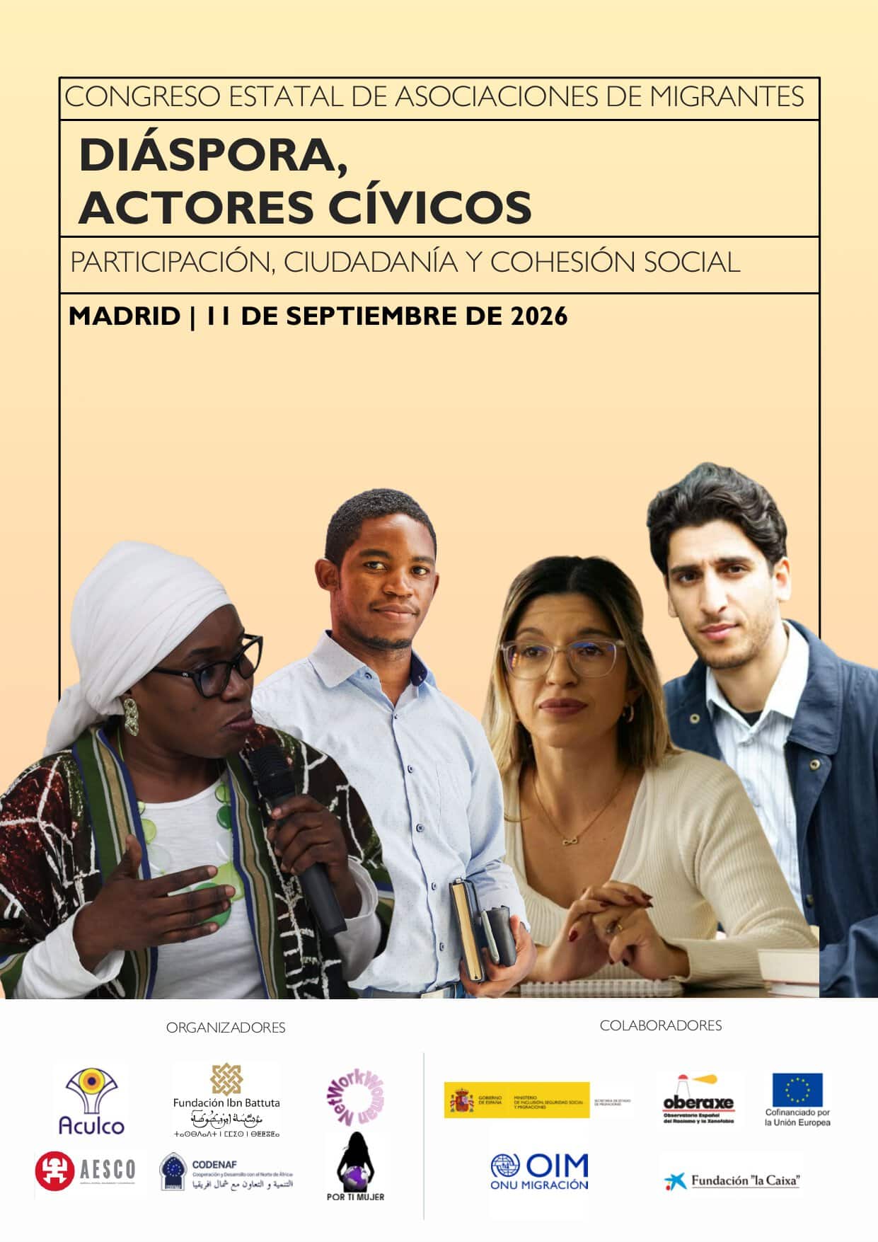 Poster for Congreso Estatal de Asociaciones de Migrantes: 'Diáspora, Actores Civicos' en Madrid, 11 de septiembre de 2026, con imágenes de ponentes modelando participación.