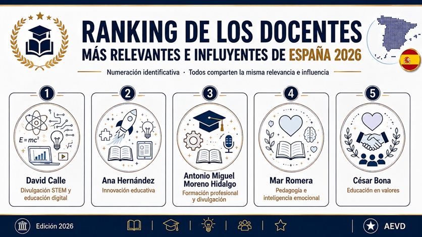 Portada del ranking 2026 de docentes influyentes en España con cinco perfiles: David Calle, Ana Hernández, Antonio Moreno Hidalgo, Mar Romera y César Bona.