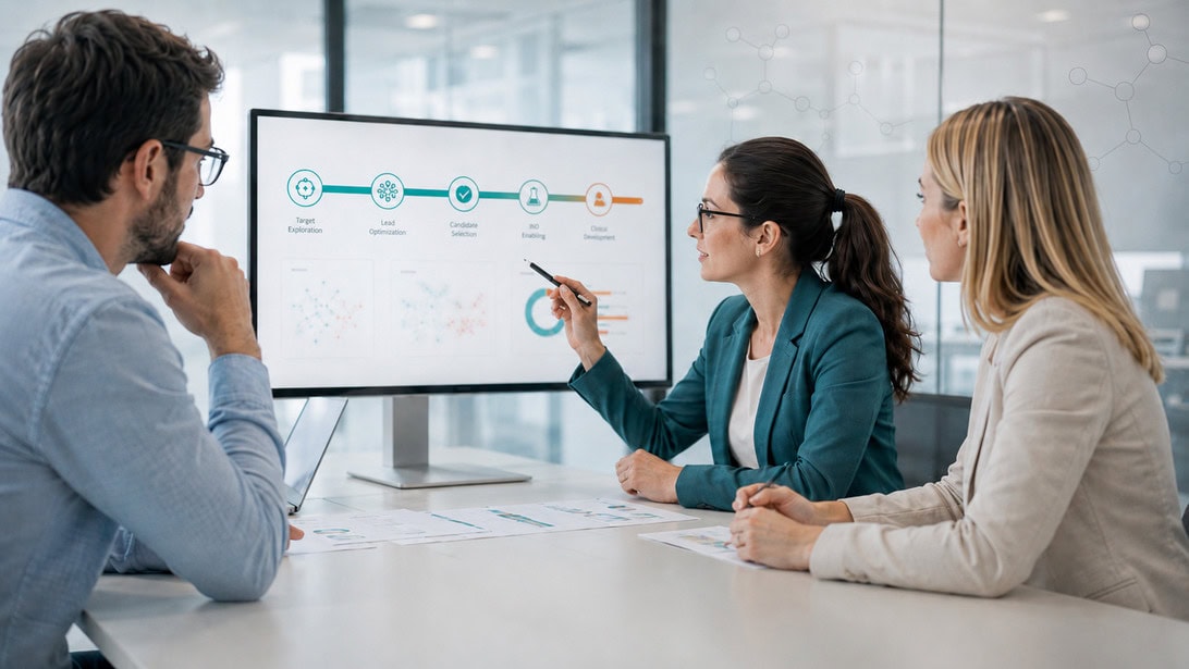 Three professionals in a meeting examine a data dashboard on a large monitor; the woman in a teal blazer points to the screen with a pen.