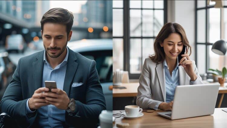 Split-screen showing busy professionals using Langotalk in different daily situations