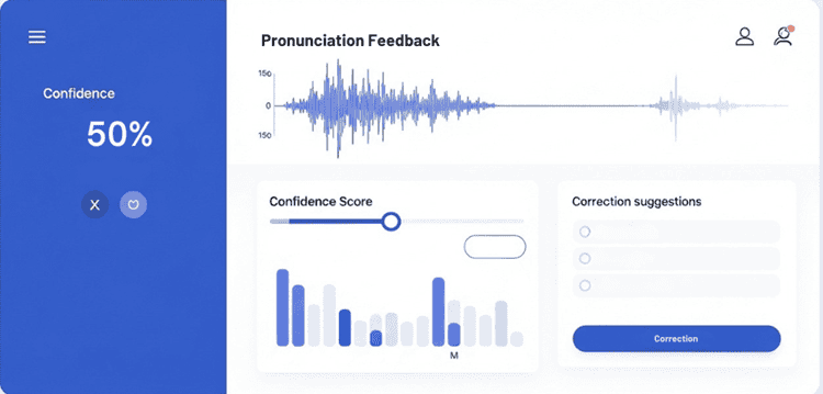 AI language learning interface displaying pronunciation feedback and scoring systems