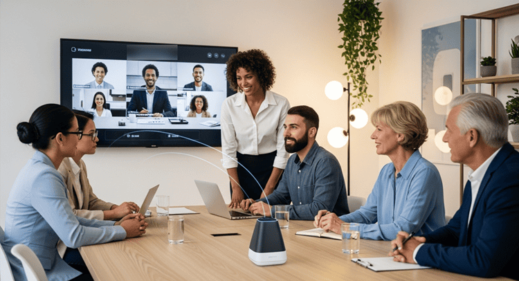 Diverse business team engaging in multilingual communication with AI assistance