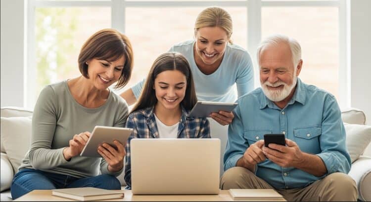 Family members sharing language learning experience using multiple devices