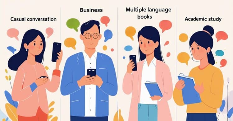 Illustration showing four different types of language learners using mobile apps in various settings
