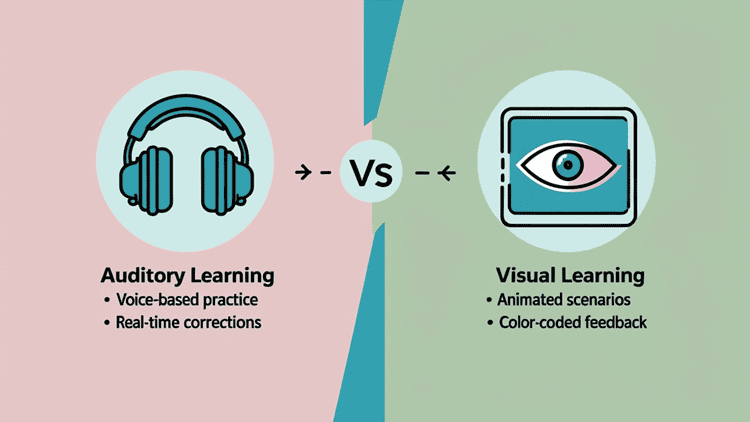 Infographic comparing visual and auditory learning styles with icons and text