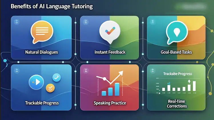 Infographic displaying six key benefits of AI language tutoring
