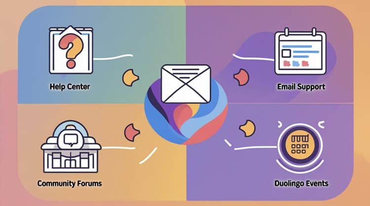 Infographic showing Duolingo's four main support channels - help center, email support, community forums, and events