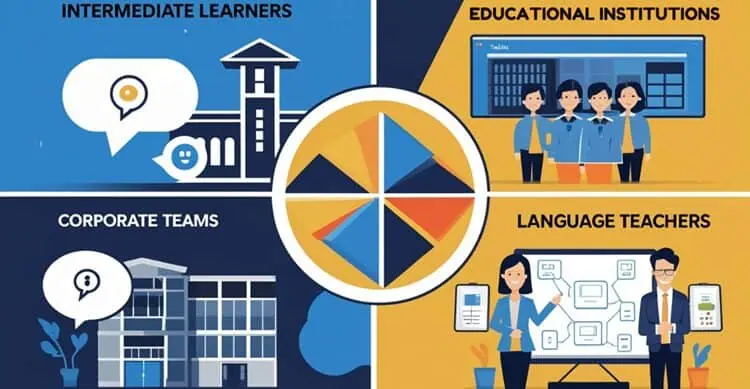 Infographic showing four main use cases for Talkio - intermediate learners, educational institutions, corporate teams, and language teachers