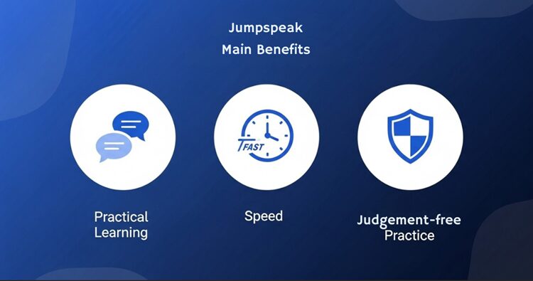 Infographic showing three main benefits of Jumpspeak - practical learning, speed, and judgment-free practice