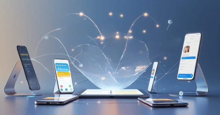 Interactive language learning visualization showing mobile devices and multilingual communication