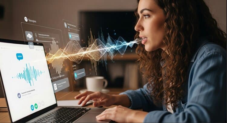 Person engaging with AI language learning interface showing speech recognition and feedback systems