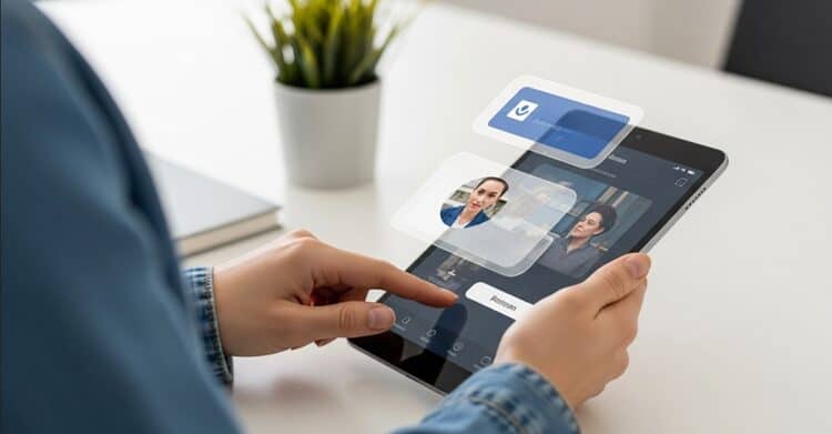 Person engaging with language learning apps on tablet device with interactive UI elements