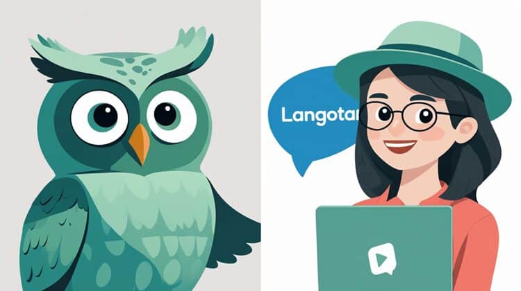 Side-by-side comparison of Duolingo and Langotalk language learning apps showing their distinct approaches to teaching beginners