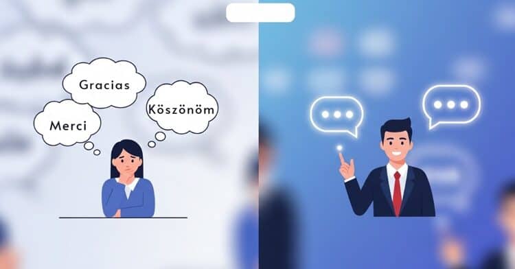 Split-screen visualization of language learning transformation - from hesitation to confidence