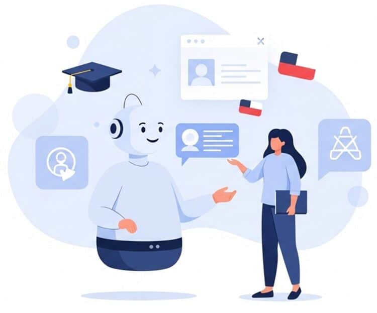 Visual representation of AI language learning support features showing customer service and educational resources