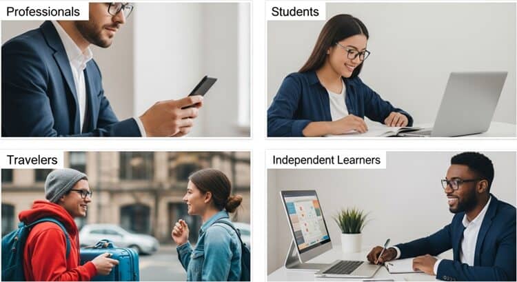 Collage showing different Praktika users - professionals, students, travelers, and independent learners