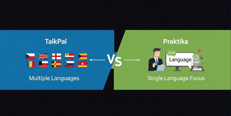 Comparison infographic showing TalkPal's multiple language capability versus Praktika's single language focus