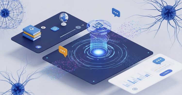 Futuristic visualization of AI-powered language learning technology with floating interface elements